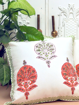 Flower Hut Cotton Hand Block Printed Cushion Cover (L-16 In X W-16 In)