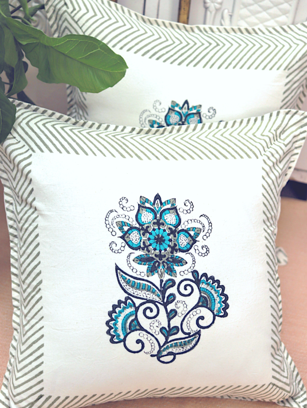 Secret Garden Cotton Hand Block Printed Cushion Cover (L-16 In X W-16 In)