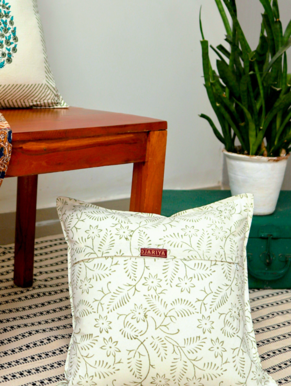 English Garden Cotton Hand Block Printed Cushion Cover (L-16 In X W-16 In)