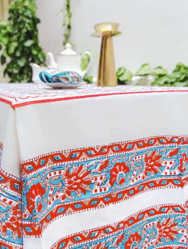 Zinnia Cotton Hand Block Printed Table Cover (L- 85 Inches X W- 55 Inches)