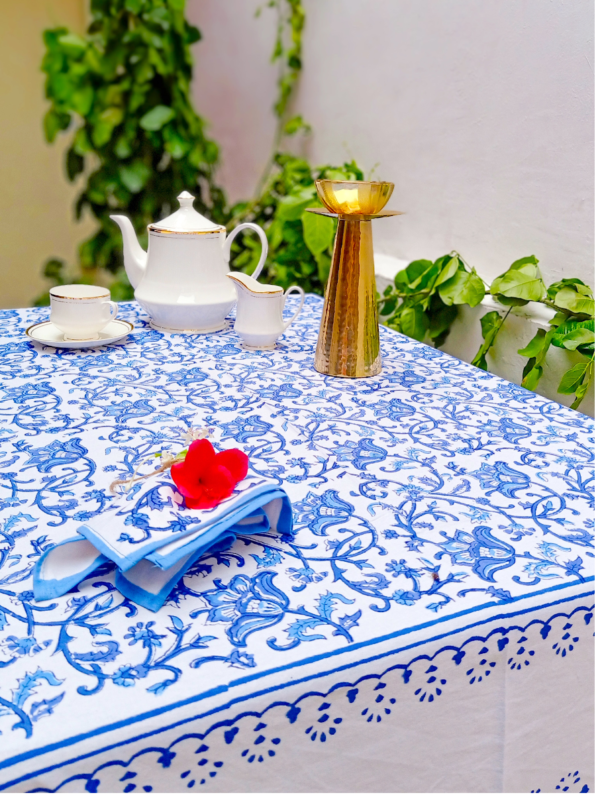 Manhri Cotton Hand Block Printed Table Cover (L- 85 Inches X W- 55 Inches)