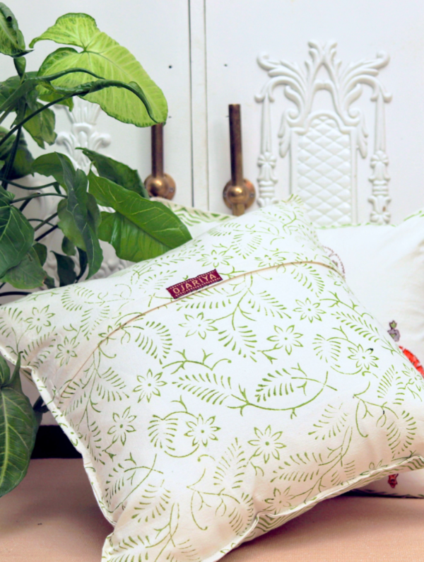 Flower Hut Cotton Hand Block Printed Cushion Cover (L-16 In X W-16 In)