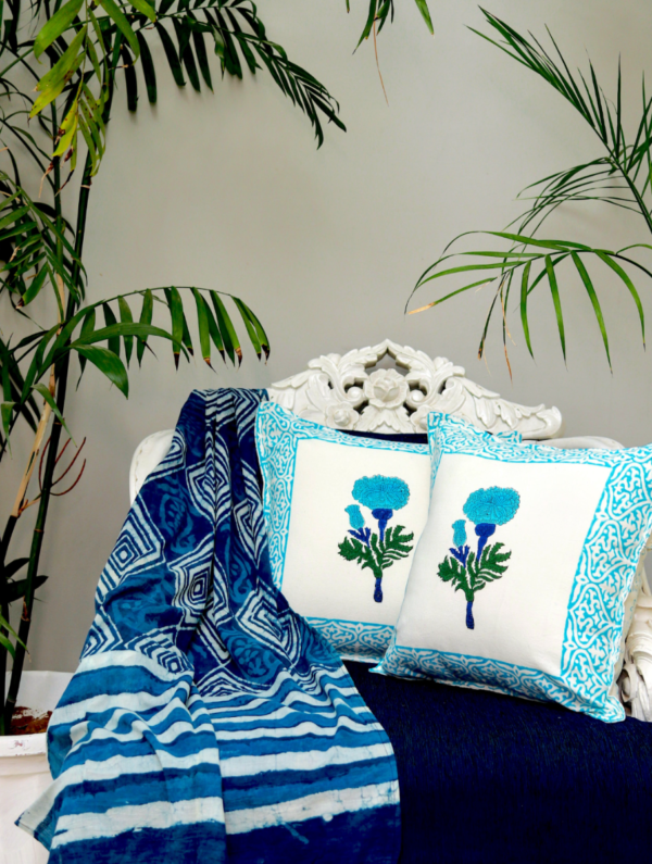 All in Bloom Cotton Hand Block Printed Cushion Cover (L-16 In X W-16 In)