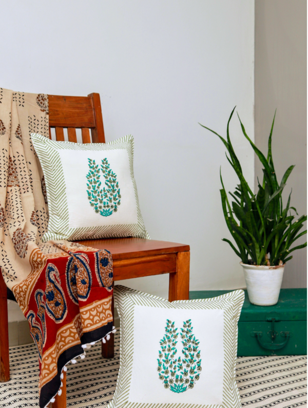 English Garden Cotton Hand Block Printed Cushion Cover (L-16 In X W-16 In)