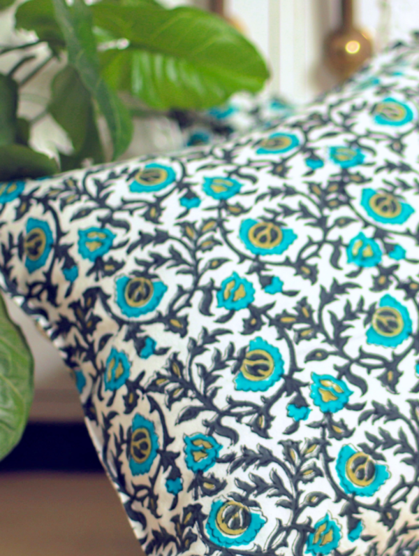 White Lotus Cotton Hand Block Printed Cushion Cover (L-16 In X W-16 In)