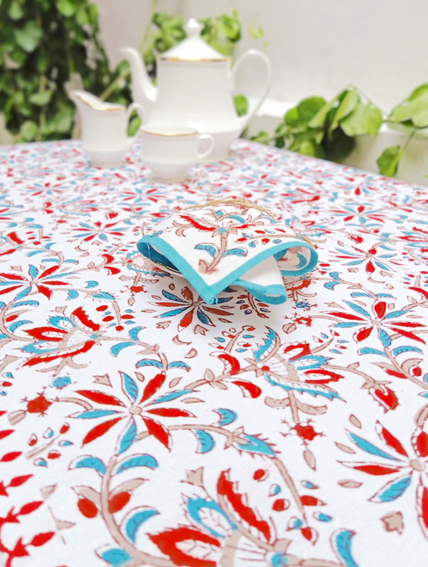 Zinnia Cotton Hand Block Printed Table Cover (L- 85 Inches X W- 55 Inches)