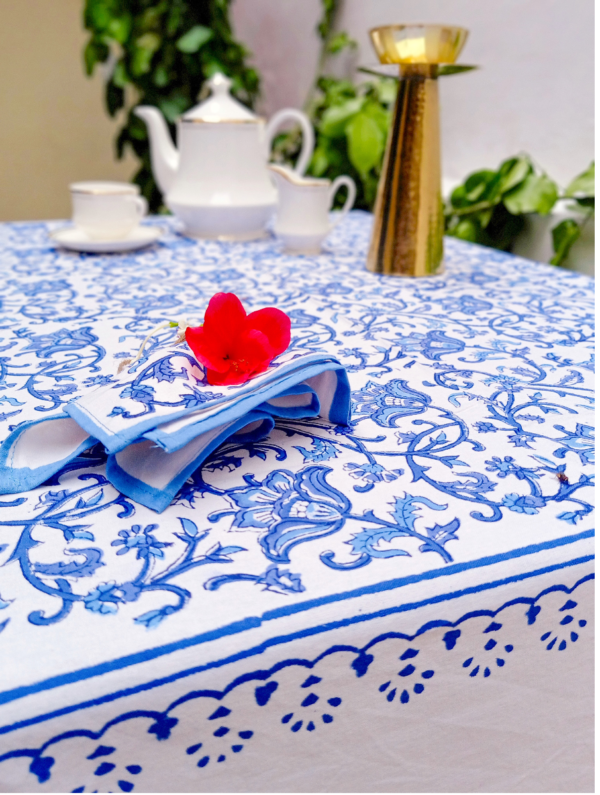 Manhri Cotton Hand Block Printed Table Cover (L- 85 Inches X W- 55 Inches)