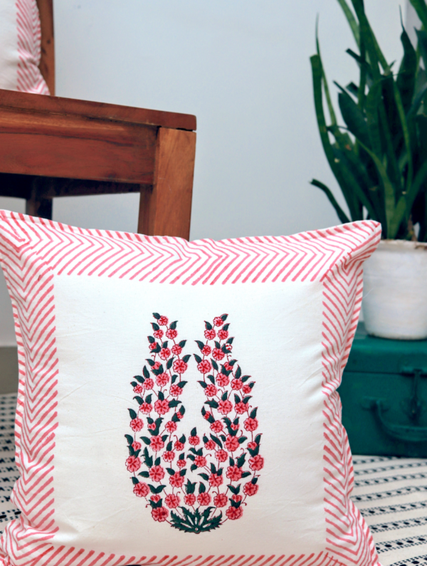 Darling Buds Cotton Hand Block Printed Cushion Cover (L-16 In X W-16 In)