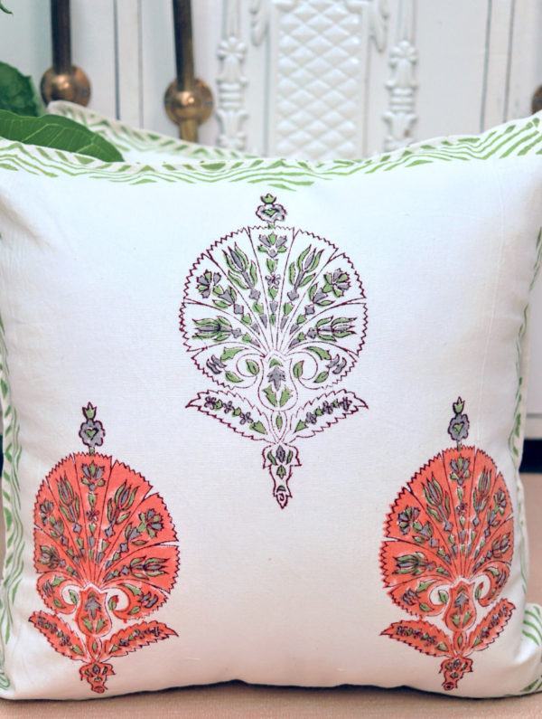 Flower Hut Cotton Hand Block Printed Cushion Cover (L-16 In X W-16 In)