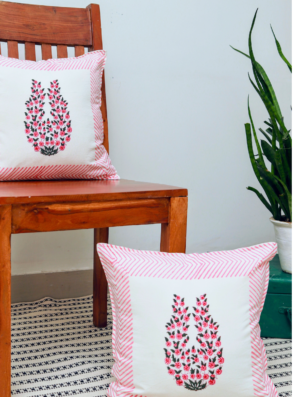 Darling Buds Cotton Hand Block Printed Cushion Cover (L-16 In X W-16 In)