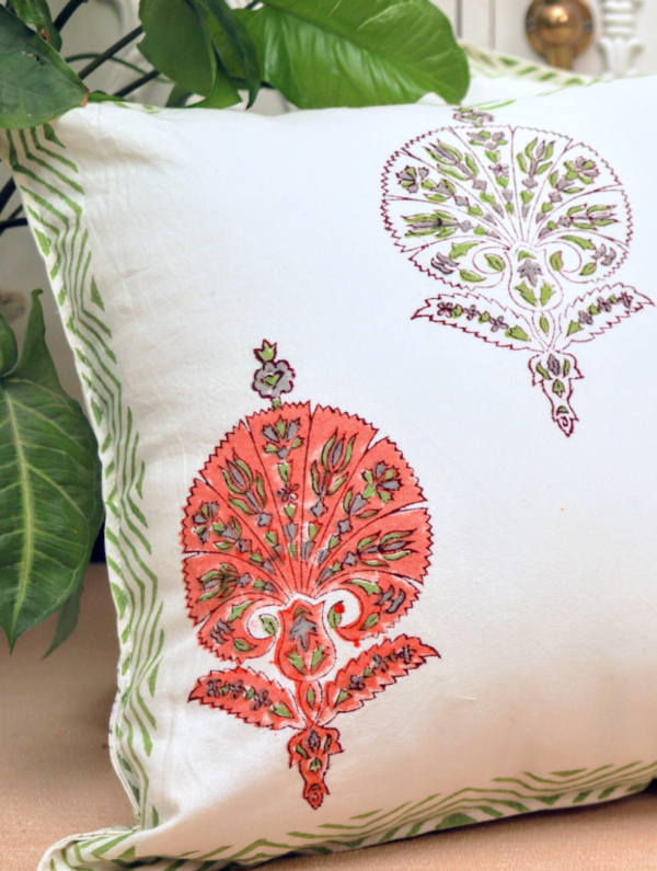 Flower Hut Cotton Hand Block Printed Cushion Cover (L-16 In X W-16 In)