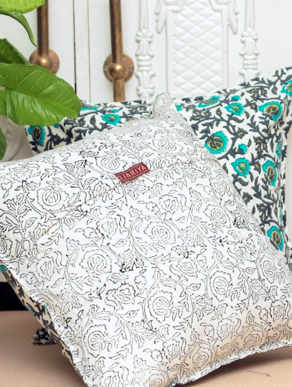 White Lotus Cotton Hand Block Printed Cushion Cover (L-16 In X W-16 In)