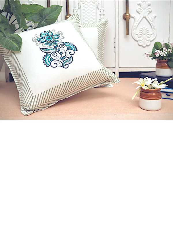 Secret Garden Cotton Hand Block Printed Cushion Cover (L-16 In X W-16 In)