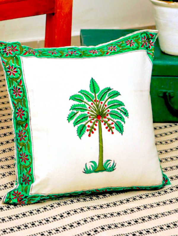 Morning Glory Cotton Hand Block Printed Cushion Cover (L-16 In X W-16 In)