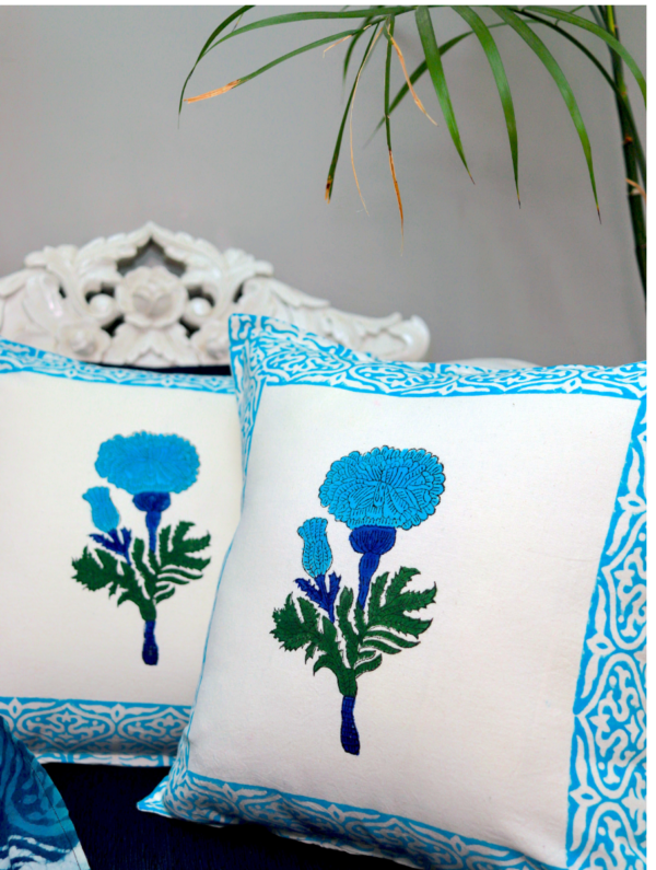 All in Bloom Cotton Hand Block Printed Cushion Cover (L-16 In X W-16 In)