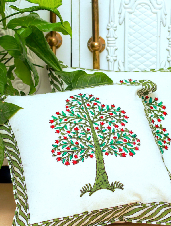 Flower Bee Cotton Hand Block Printed Cushion Cover (L-16 In X W-16 In)