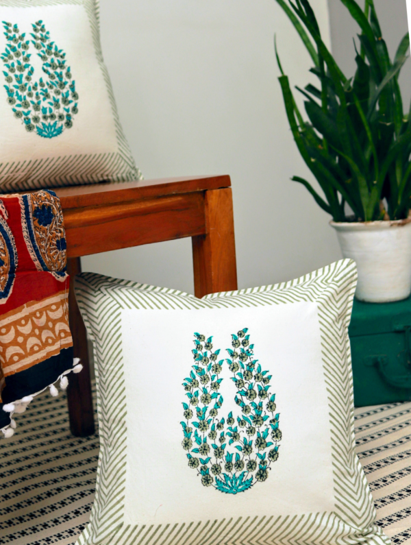 English Garden Cotton Hand Block Printed Cushion Cover (L-16 In X W-16 In)