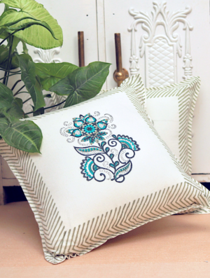 Secret Garden Cotton Hand Block Printed Cushion Cover (L-16 In X W-16 In)