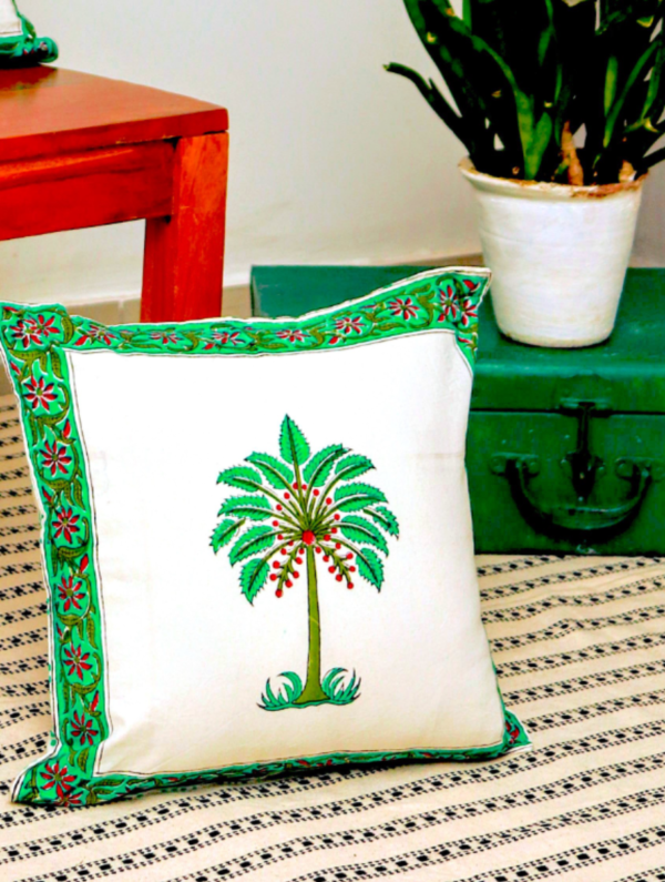 Morning Glory Cotton Hand Block Printed Cushion Cover (L-16 In X W-16 In)